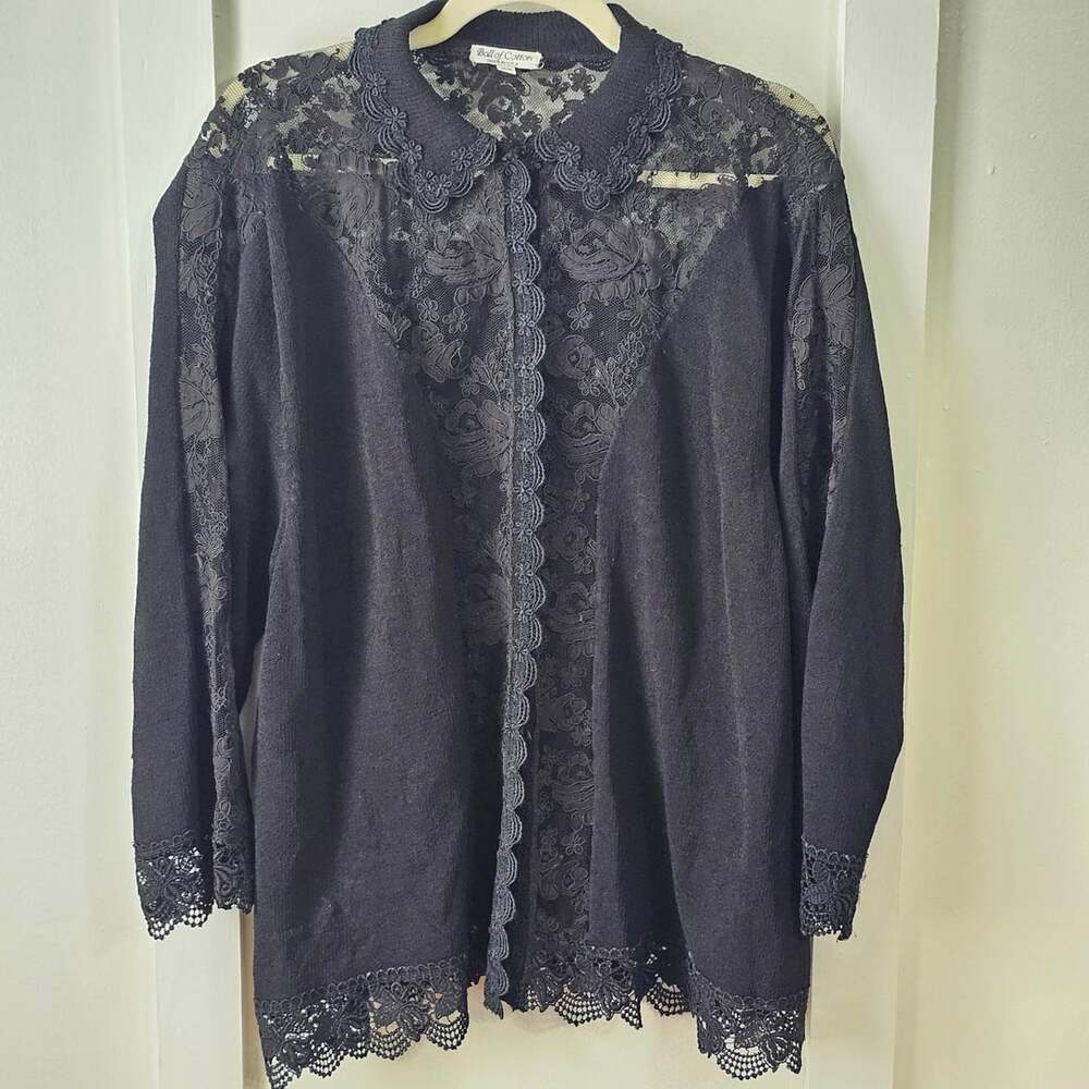 Ball of Cotton 2X Black Lace Cardigan Sweater Made USA Romantic Gothic Vintage
